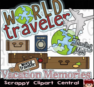 World Traveler Clipart - Word Art, Globe, Passport, Suitcase, & Airplane PNGs, Vacation Scrapbook Elements, Commercial Use