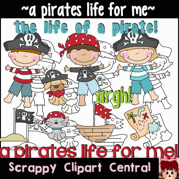A Pirates Life for Me Digital Clipart - Word Art, Pirates, Dogs, Cats, Digi Stamps, Map, Boat PNG, Create Party Printables, Scrapbook Elements, Commercial Use