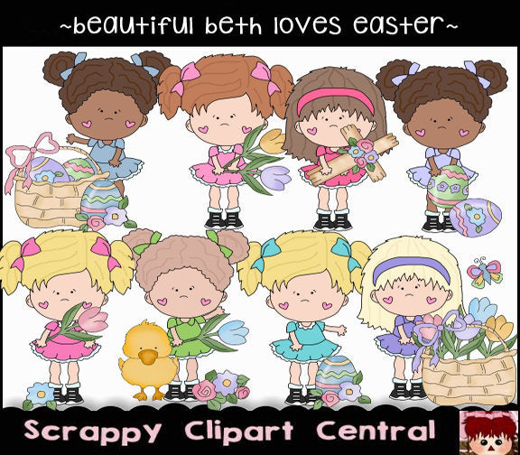 Beautiful Beth Loves Easter Clipart - Create Holiday Printable Greeting Cards, Tags, or Treat Bags - Scrapbook Elements Bunny, Chick, Spring Flowers, Colored Eggs