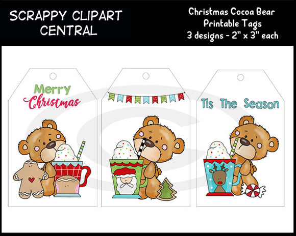 Christmas Cocoa Bear (1) Printable Gift Tags - Instant Download DIY Party Favor Tags - Reindeer Digital Clipart - Hot Cocoa Mugs