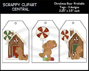 Christmas Bear (2) Printable Gift Tags - Instant Download DIY Party Favor Tags - Xmas Gingerbread House Clipart - Holiday Gift Tag
