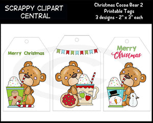 Christmas Cocoa Bear (2) Printable Gift Tags - Instant Download DIY Party Favor Tags - Snowman Digital Clipart - Hot Cocoa Mugs