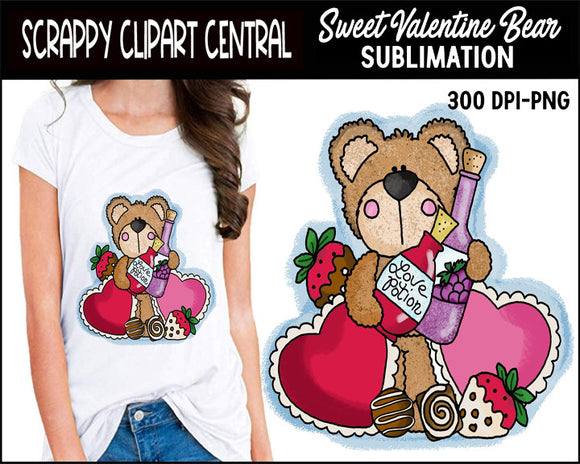 weet Valentine Bear Sublimation Clipart - Create T-Shirts, Hoodies & Party Printables - Whimsical Bear with Valentine Gifts