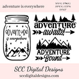 Our "Adventure is Everywhere, Adventure Bound, Adventure Waits" is a mini cut file bundle containing 3 files. Use them to create car decals, coffee mugs, tumblers, wall decor and more for the outdoor lover! Mini SVG bundle, Commercial Use