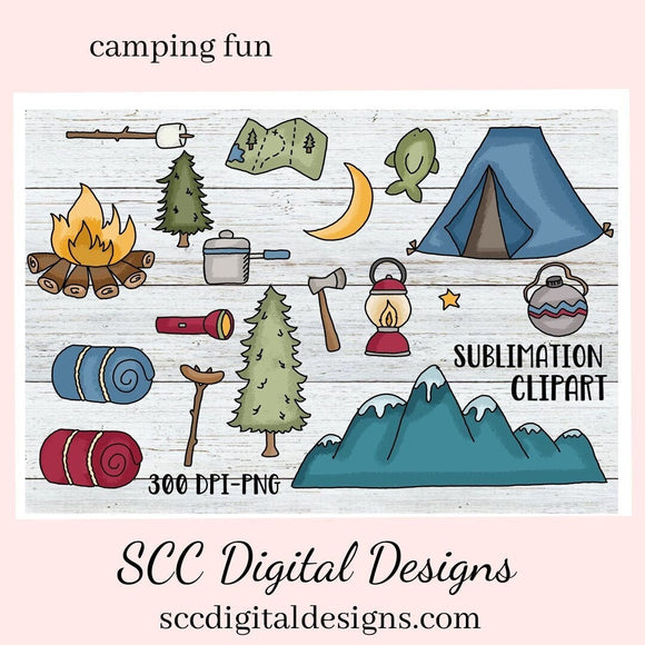 Camping Fun Sublimation Clipart - Scrapbook Elements - Create Camper Printables - DIY Camp Mugs & Tumbler Scenes
