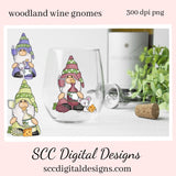 Woodland Wine Gnomes Sublimation Clipart - Gnome Lover Vino Glasses - DIY Tasting Party Invites - Holiday Hostess Gift Tags