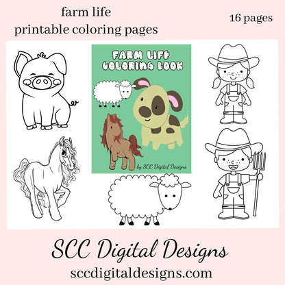 Printable Coloring Pages Print at Home for Kids, Farm Animals Home School & Day Care Activities, Teacher Resources Preschool, Cow Horse Pig