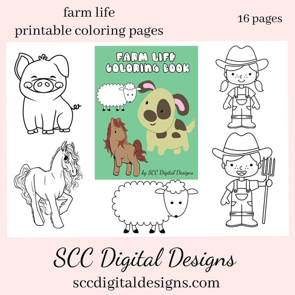 Printable Coloring Pages Print at Home for Kids, Farm Animals Home School & Day Care Activities, Teacher Resources Preschool, Cow Horse Pig