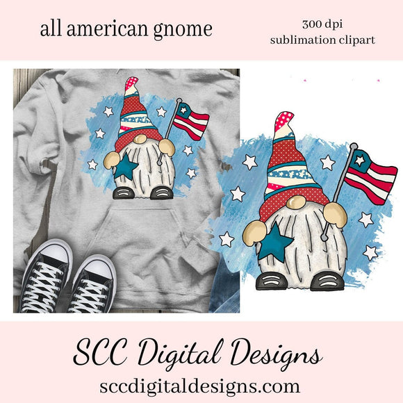 All American Gnome Sublimation 2 Clipart - Create Kids Printables, T-Shirts, Hoodies - Red, White & Blue Flag