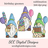Birthday Gnomes Sublimation Clipart - Create Coffee Mugs, Tumblers, T-Shirts, Hoodies, Printable Gift Tags - Kids Party Invites & Decor