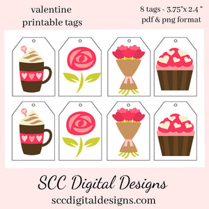 Valentine Printable Gift Tags - 8 Tags With 4 Images - Kid's School Holiday Party Tag - Sweetheart Card - Cupcake, Roses & Candy