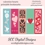 Valentine Hearts Printable Bookmarks -  School Holiday Party Gift - Teacher Resources Printables - Home School Activity - Book Lover Gift