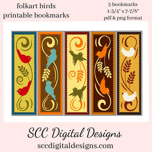 Folkart Birds Printable Bookmarks - School Holiday Party Gift - Teacher Resources Printables - Bookclub Gild - Book Lover Gift