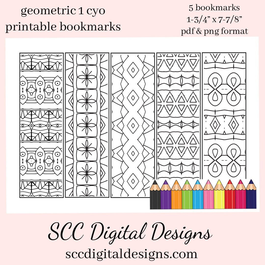 Geometric 1 Coloring Printable Bookmarks -  School Holiday Party Gift - Teacher Resources Printables - Bookclub Gild - Book Lover Gift