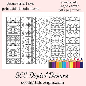 Geometric 1 Coloring Printable Bookmarks -  School Holiday Party Gift - Teacher Resources Printables - Bookclub Gild - Book Lover Gift