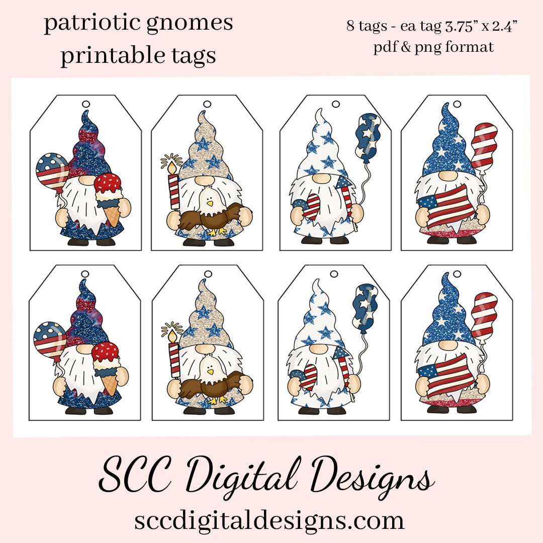 Patriotic Gnomes Printable Tags - Instant Download - Red, White and Blue Flag, Fireworks, Bald Eagle