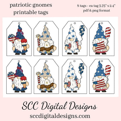 Patriotic Gnomes Printable Tags - Instant Download - Red, White and Blue Flag, Fireworks, Bald Eagle