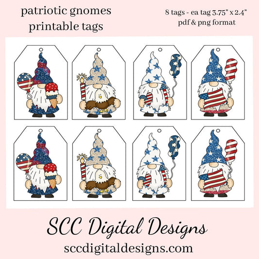 Patriotic Gnomes Printable Tags - Instant Download - Red, White and Blue Flag, Fireworks, Bald Eagle