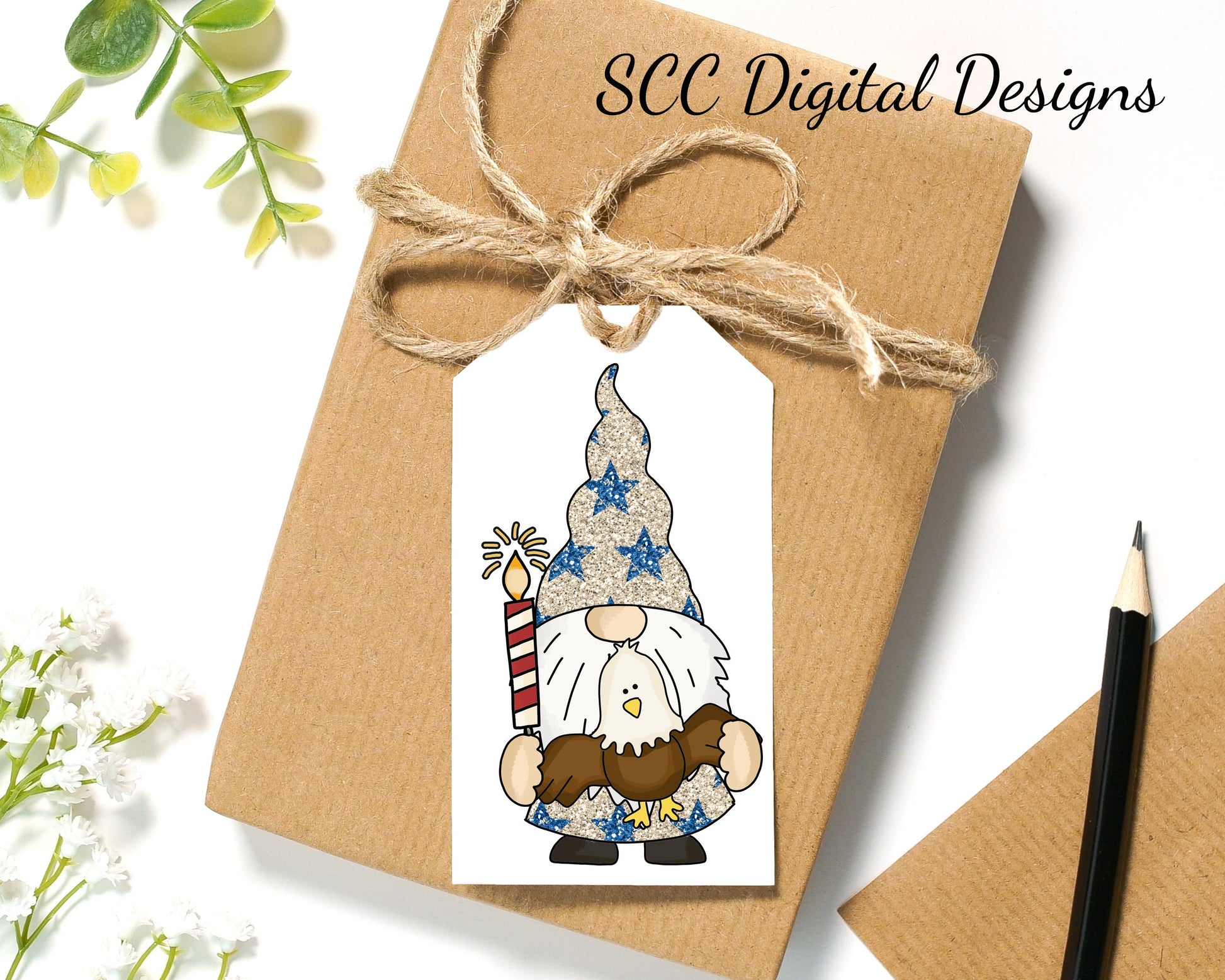 Patriotic Gnomes Printable Tags - Instant Download - Red, White and Blue Flag, Fireworks, Bald Eagle