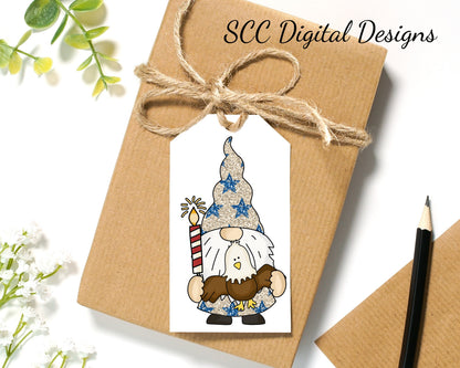 Patriotic Gnomes Printable Tags - Instant Download - Red, White and Blue Flag, Fireworks, Bald Eagle