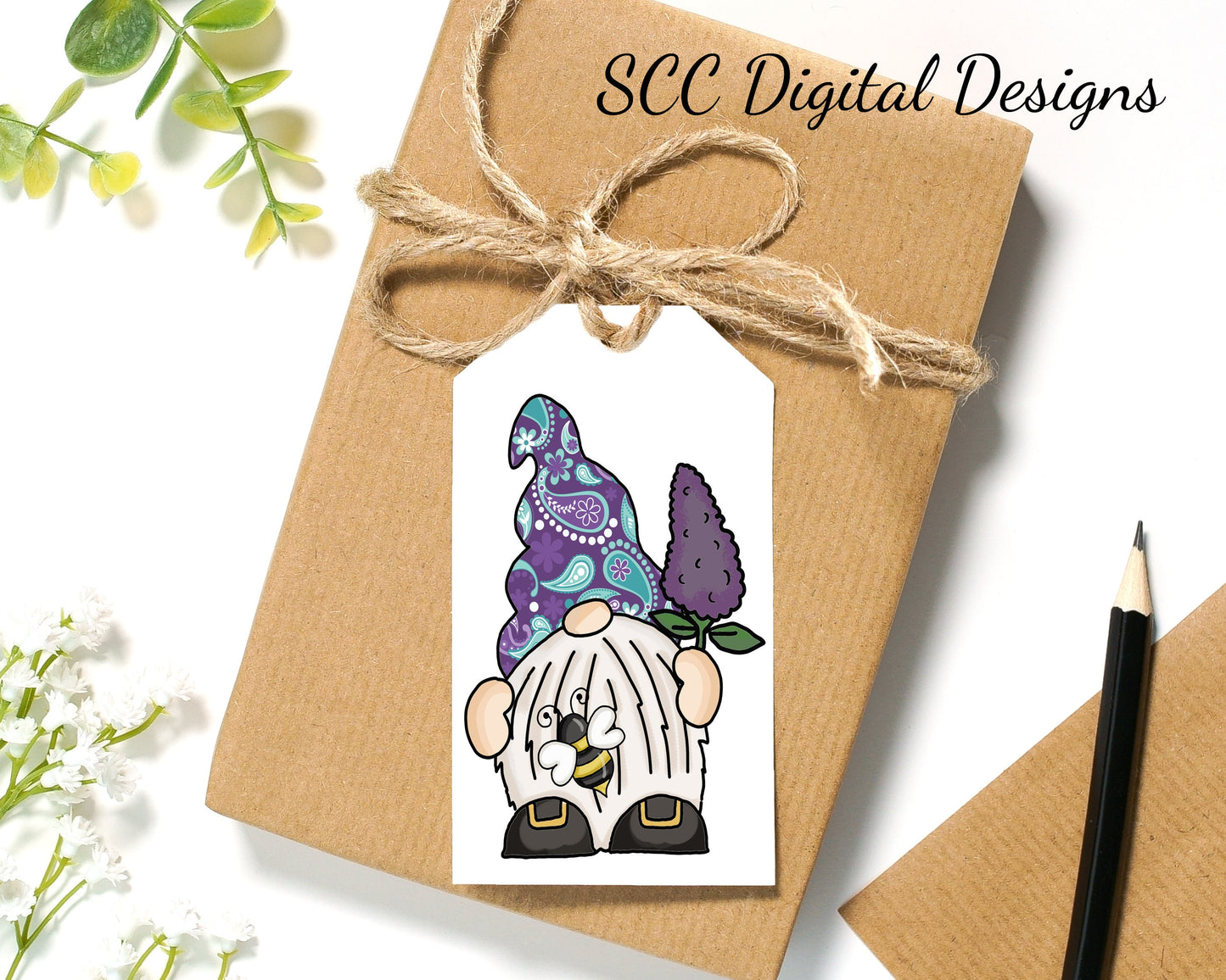 Purple Flower Gnome Printable Tags - Instant Download - Girls Birthday Party Gift Tag - Mother's Day Card