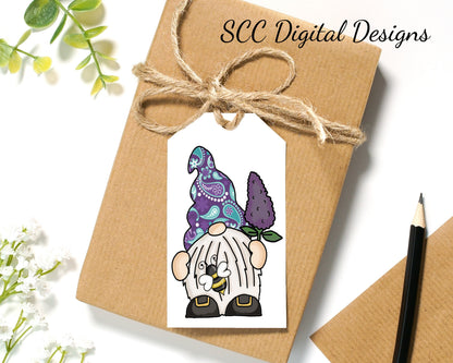 Purple Flower Gnome Printable Tags - Instant Download - Girls Birthday Party Gift Tag - Mother's Day Card