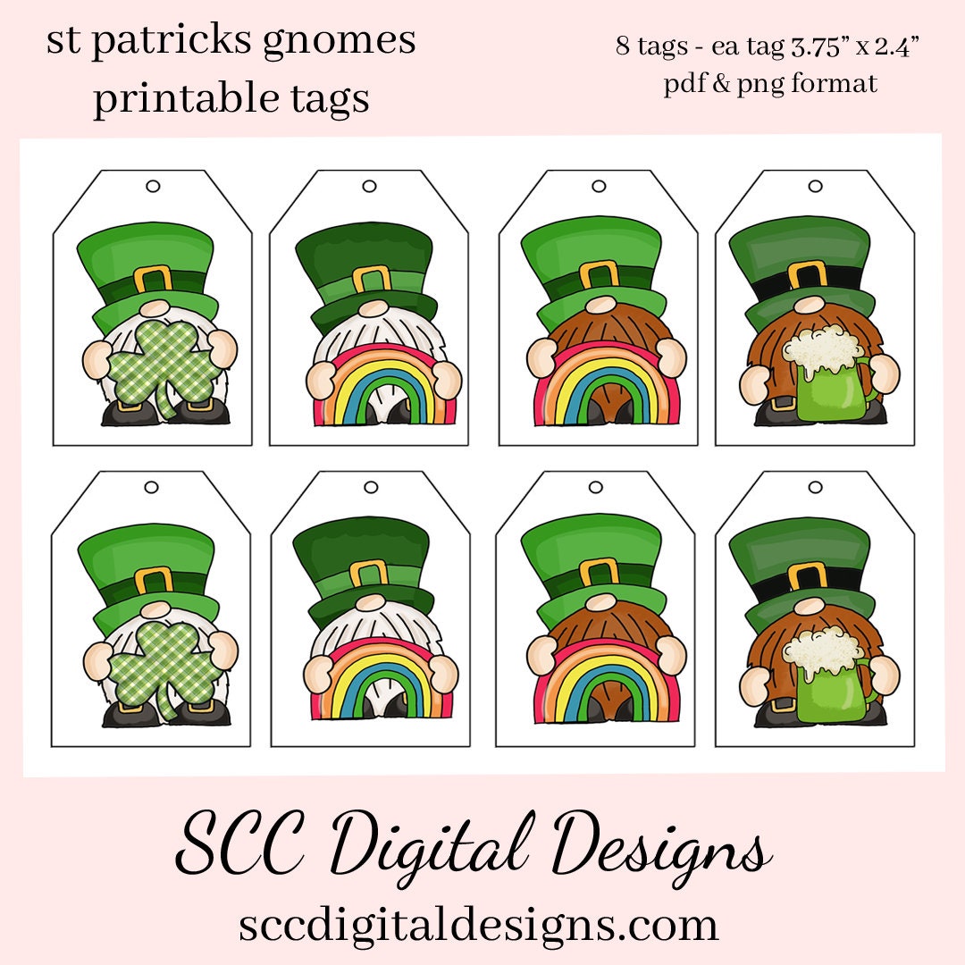 St Patrick's Gnome Printable Tags - Shamrock Party Favor Tag - St Patty's Pot of Gold - Irish Cookie Label