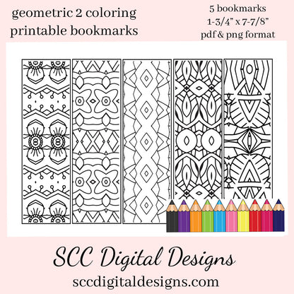 Geometric 2 Coloring Printable Bookmarks -  School Holiday Party Gift - Teacher Resources Printables - Bookclub Gild - Book Lover Gift