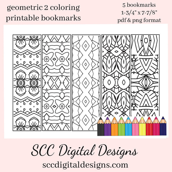 Geometric 2 Coloring Printable Bookmarks -  School Holiday Party Gift - Teacher Resources Printables - Bookclub Gild - Book Lover Gift