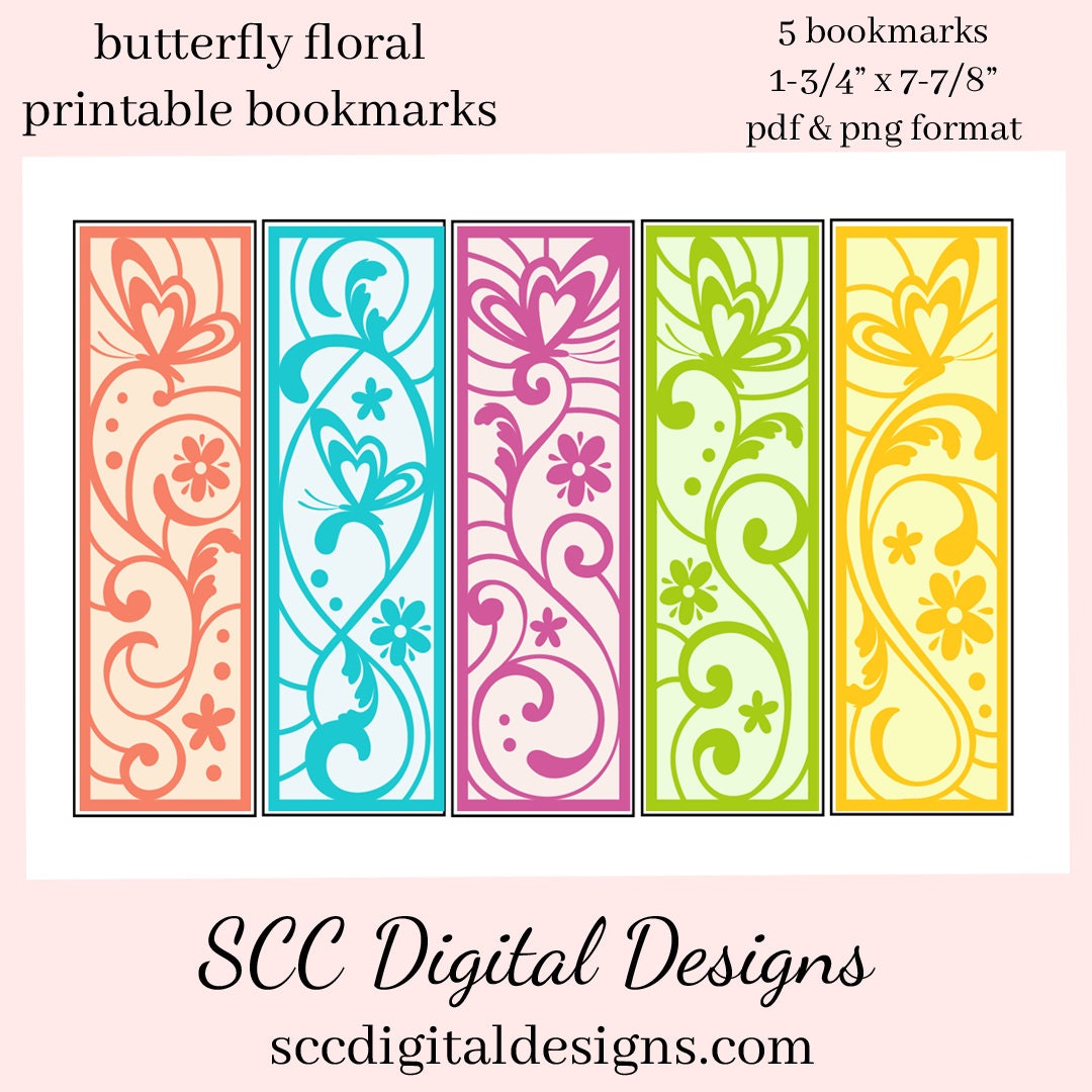 Butterfly Floral Printable Bookmarks - School Holiday Party Gift - Teacher Resources Printables - Bookclub Gild - Book Lover Gift