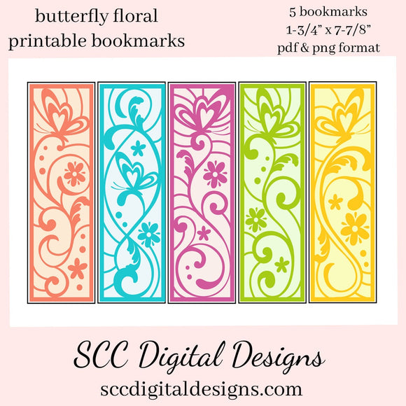 Butterfly Floral Printable Bookmarks - School Holiday Party Gift - Teacher Resources Printables - Bookclub Gild - Book Lover Gift