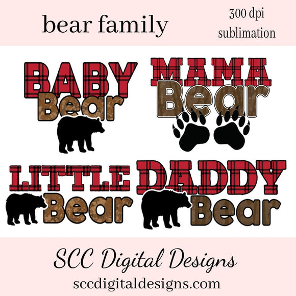 Bear Family Sublimation Clipart - Mama, Baby, Little, Daddy Buffalo Plaid Bears - Create Mugs, Tumblers, T-Shirts, Hoodies & More