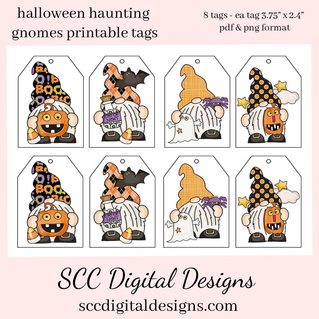 Halloween Haunting Gnomes Printable Tags - Instant Download - Kid's School Party Treat Labels -  Kids Gift Tag