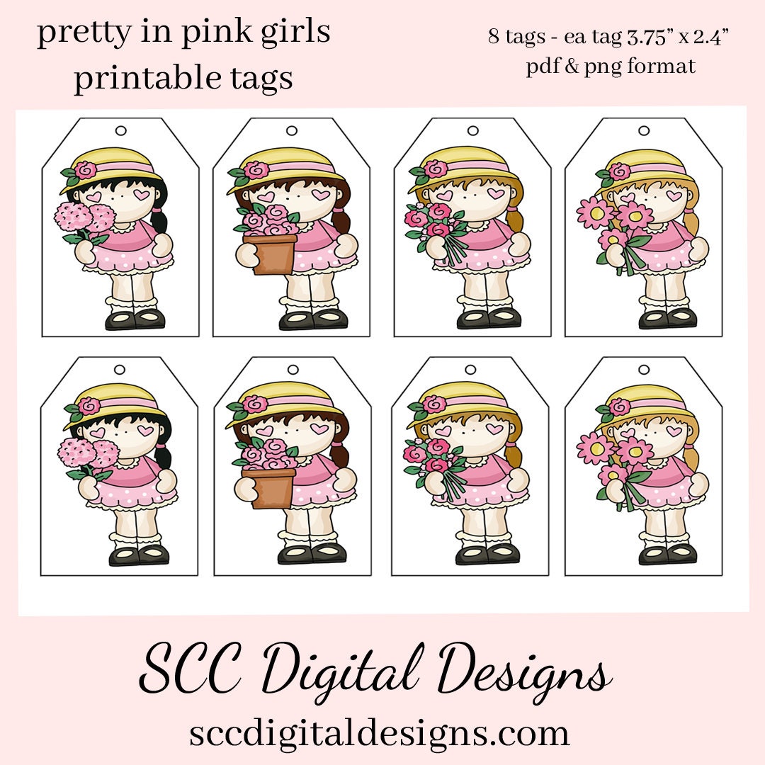 Pretty in Pink Girls Printable Tags - Instant Download - Girls Birthday Party Gift Tag - Pink Flowers