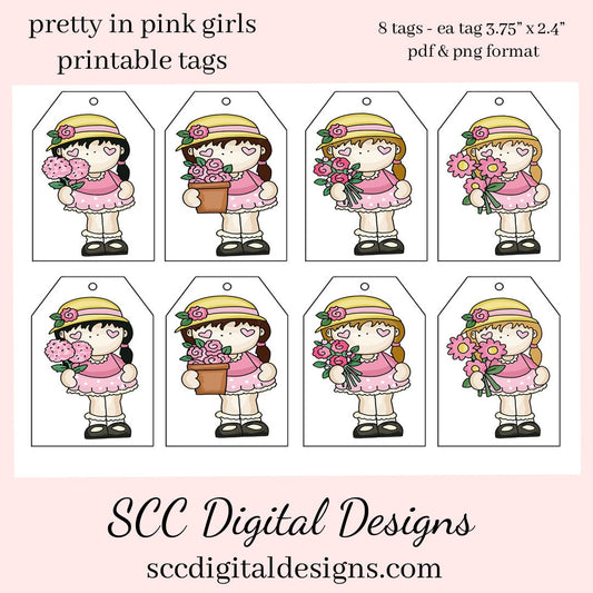 Pretty in Pink Girls Printable Tags - Instant Download - Girls Birthday Party Gift Tag - Pink Flowers