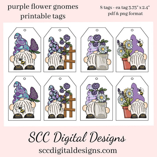 Purple Flower Gnome Printable Tags - 8 Tags With 4 Images - Instant Download - Girls Birthday Party Gift Tag - Mother's Day Card