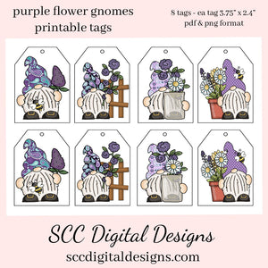 Purple Flower Gnome Printable Tags - 8 Tags With 4 Images - Instant Download - Girls Birthday Party Gift Tag - Mother's Day Card