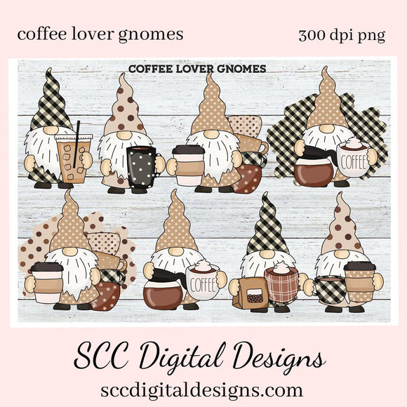 Coffee Lover Gnomes Clipart - Create Birthday Party Printables, Greeting Cards or Tags, Make Mugs, Tumblers, T-Shirts, Hoodies & More