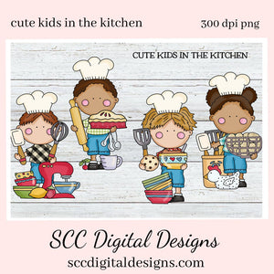 Cute Kids in the Kitchen Clipart, Boys & Girls Baking, Kitchen Utensils, Eggs, Commercial Use, Digi Scrap, Instant Download, Craft Supplies