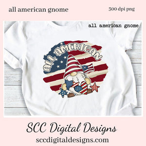 All American Gnome Clipart, Red, Blue & White Flag, DIY Patriotic Mugs and Tumblers, T-Shirts, and Kid's Hoodies, July 4th Party Printables