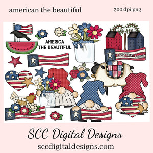 America The Beautiful Clipart - American Flag Chicken, Americana Gnomes, Create Patriotic Gifts, July 4th Party Printables, Land That I Love