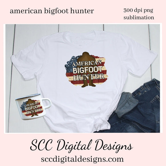 American Bigfoot Hunter Clipart - Man Cave Sign - Off Road Vehicle Decal PNG - Sasquatch Folklore - Outdoor Camping Decor - American Flag