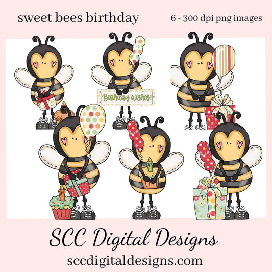 Sweet Bees Birthday Clipart, Bee with Cupcakes, Presents, and Balloons PNG, Create Party Printables, Tags, Cards, T-Shirts, Hoodies, & More!