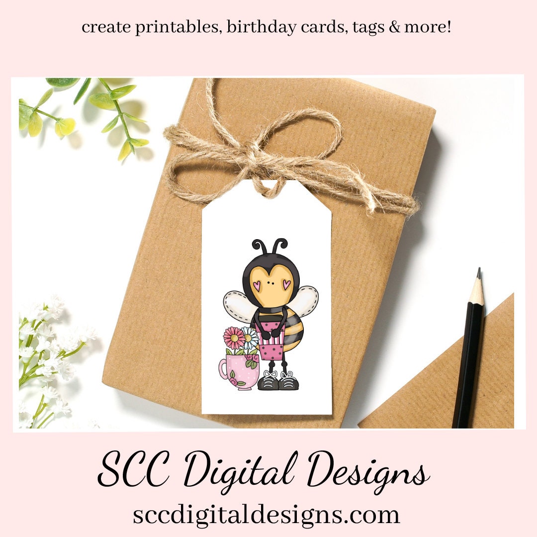 Sweet Bees Coffee & Flowers Clipart, Java Lover Bee with Latte's, Mugs and Spring Flower, Create Tumblers, Mugs, Kitchen Towels and More!