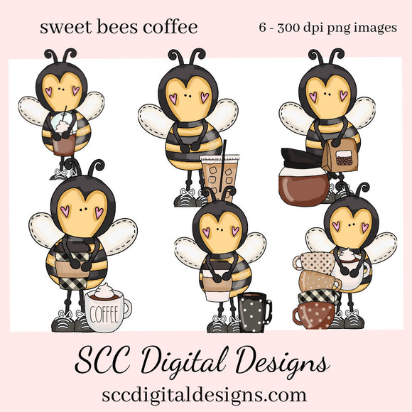 Sweet Bees Coffee Clipart, Java Lover Bee with Latte's & Coffee Mugs, Create Tumblers, Kitchen Towels Printables, and More! Bee Lovers Gift