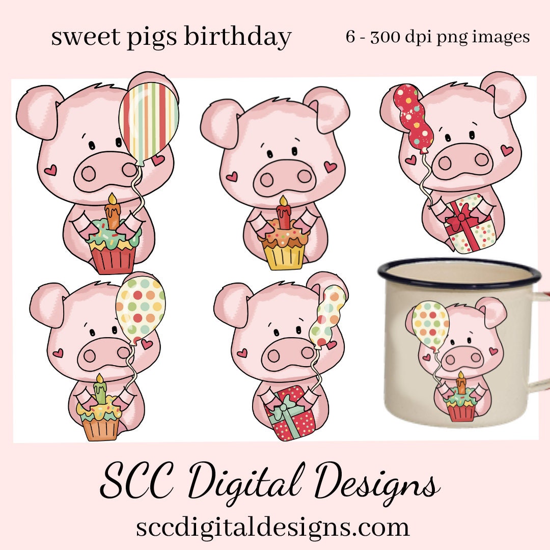 Sweet Pigs Birthday Clipart, Pig with Cupcakes, Balloons & Birthday Presents PNGs, Create Party Printables, Tags and Greeting Cards