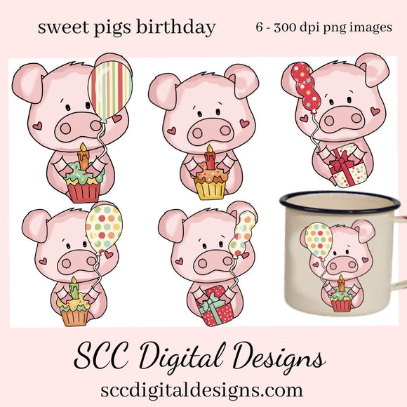 Sweet Pigs Birthday Clipart, Pig with Cupcakes, Balloons & Birthday Presents PNGs, Create Party Printables, Tags and Greeting Cards