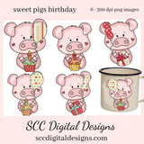 Sweet Pigs Birthday Clipart, Pig with Cupcakes, Balloons & Birthday Presents PNGs, Create Party Printables, Tags and Greeting Cards