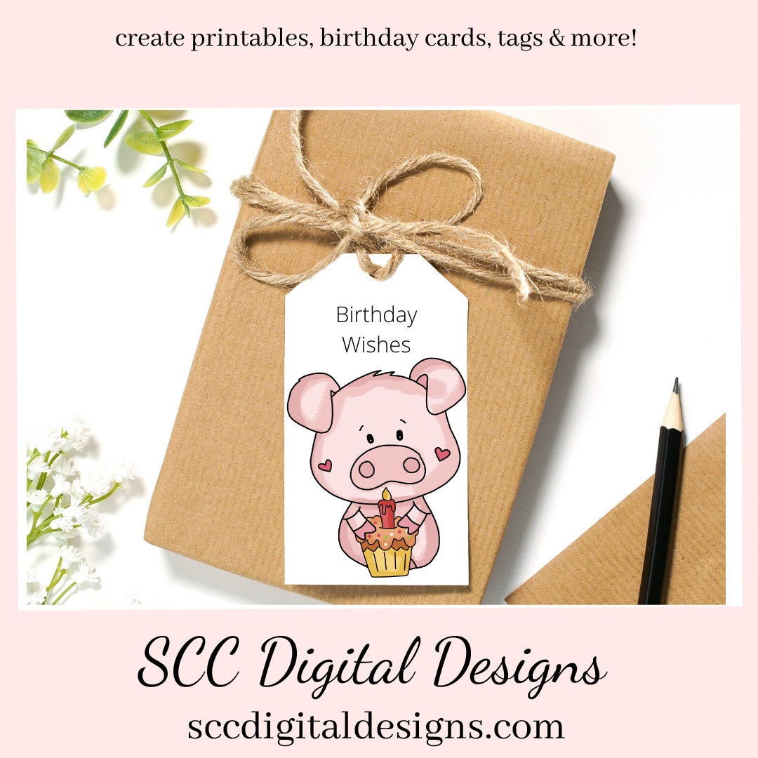 Sweet Pigs Birthday Clipart, Pig with Cupcakes, Balloons & Birthday Presents PNGs, Create Party Printables, Tags and Greeting Cards