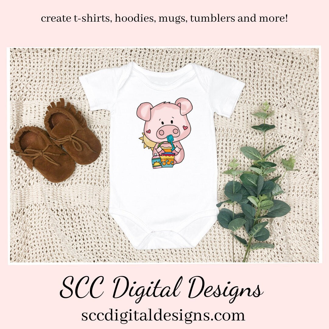 Sweet Pigs at the Beach Clipart, Pigs with Seashells, Sand Toys and a Beach Ball PNGs, Create Party Printables, Kids Tees, or Sippy Cups